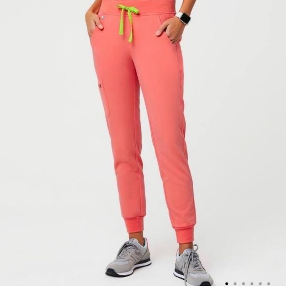 Figs Coral Track Jogger Pants with Lime Drawstring (L Tall)